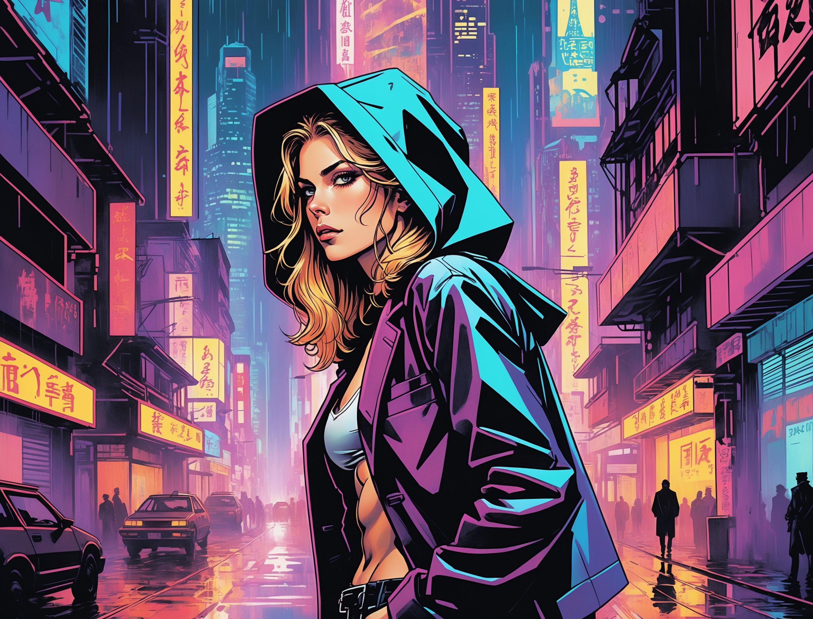 44903-859061237-(Erin Moriarty), nighttime, cyberpunk city, dark, raining, neon lights ((,Wearing a blazer over a hoodie)), blazer, hoodie, (_lo.jpg